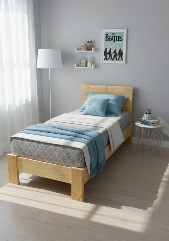 CAMA CON PIECERA PINO DE 1 .5PLZ COLOR NATURAL