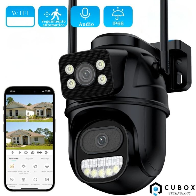 Camara de Seguridad WIFI PTZ Doble Lente 360 Exterior Alarma