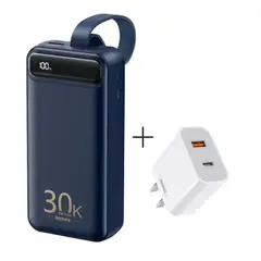 REMAX - Power Bank 30000mAh + Cargador de Pared RPP-522 AZUL + RP-U68