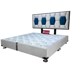 KAMAS - CAMA TARIMA KING + CABECERA AÉREA BLOQUES HEXA - BLANCO CON AZUL