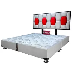 KAMAS - CAMA TARIMA KING + CABECERA AÉREA BLOQUES HEXA - BLANCO CON ROJO