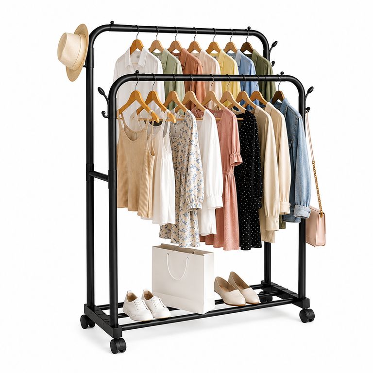 Perchero Doble Nivel con Ruedas 360° para Ropa y Accesorios Negro