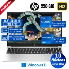 HP - Laptop 250 G10 15.6" LCD LED HD, Intel Core i7-1355U, 13va Gen, Ram 32GB, Ssd 1 TB, Win 11