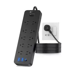 SEISA - Extensión Toma Corriente Carga Rápida 12W Type Usb Supresor de Picos 8 Salidas 1HORA