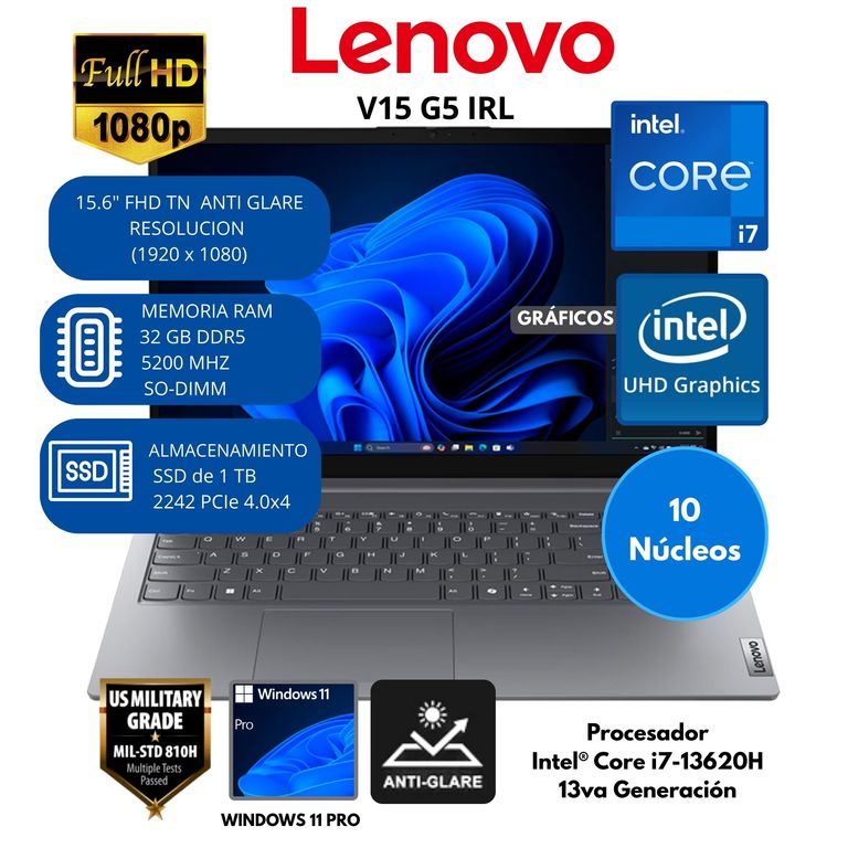 Laptop Lenovo Intel Core i7 (V15 G5 IRL) RAM 32 GB SSD 1 TB 15.6" FHD TN Windows 11 PRO
