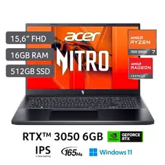 ACER - Laptop Gamer Nitro ANV15-41-R6ZZ RYZEN 7 7735HS 16GB RAM 512SSD RTX3050-6GB 165Hz WIN11