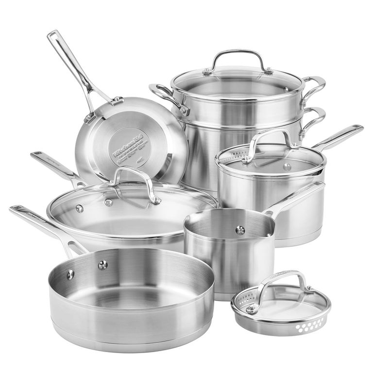 Juego de ollas KitchenAid Try-Ply acero inoxidable y placa de inducción 11 pzs