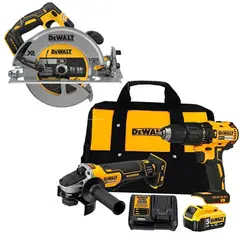 DEWALT - Taladro Perc 1/2" + Amoladora 4 1/2" + 1 Bat + Sierra Circular 7 1/4" 20V DCK248P1-K11