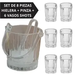 GENERICO - Set de 8 PCS Hielera de Vidrio + Pinza + 6 vasos de shot