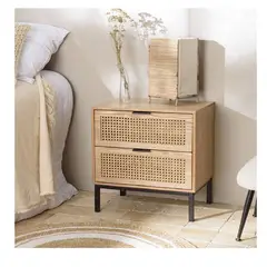 TU MESITA - VELADOR MESA DE NOCHE MODERNA CASSIDY CON REJILLA RATAN 2 CAJONES
