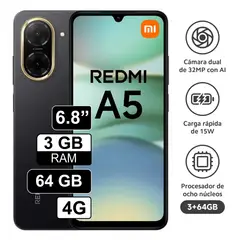 REDMI - Celular Xiaomi A5 4G 128GB 4GB RAM cámara principal 32MP frontal 8MP 688 Negro