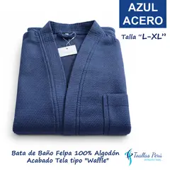 TOALLAS PERU DETALLES Y MAS - Bata de Baño Felpa 100% Algodón - Talla L-XL Azul acero acabado Waffle