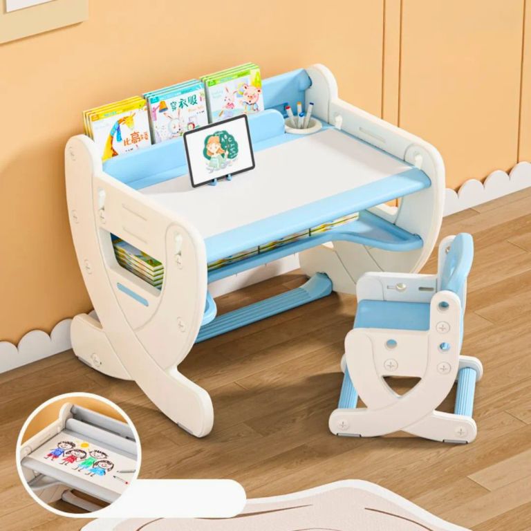 Escritorio montessori altura regulable con pizarra acrílica azul infantil