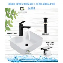 GREEN HOUSE - COMBO LAVATORIO LOZA BLANCO + MEZCLADORA PICO LARGO + DESAGUE