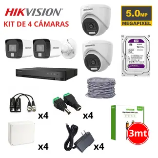 HIKVISION - KIT 4 CÁMARAS DE SEGURIDAD 5MP CON AUDIO + DISCO 1TB PURPURA + HDMI 3M