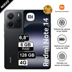 REDMI - Celular Xiaomi Note 14 4G 128GB 6GB RAM cámara 108MP, cámara frontal 20MP, 6.6" Pulg Negro