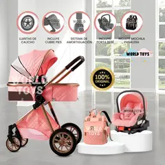 BABY - Coche Moisés de Lujo 4 en 1 «MADRID» Con Portabebé Pink