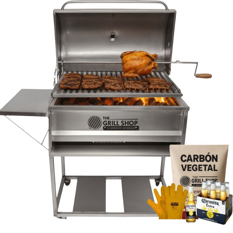 Parrilla Grande Con Tapa Americana de Acero Inoxidable+carbón+cerveza+guantes