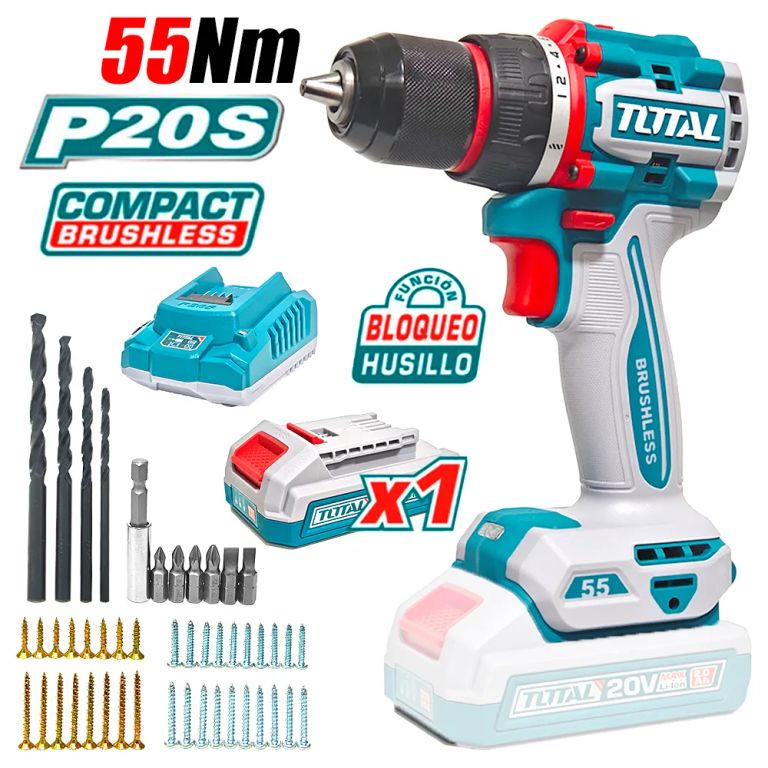 Taladro Atornillador Industrial ½ Total TDLI205582 20V 55Nm 1Bat x 2Ah Brushless + Accesorios