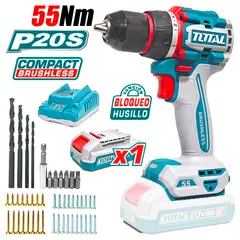 Total Tools - Taladro Atornillador Industrial ½ Total TDLI205582 20V 55Nm 1Bat x 2Ah Brushless + Accesorios