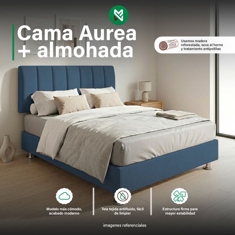 Cama tapizada Aurea + almohada - 1.5 Plz - Color Azul