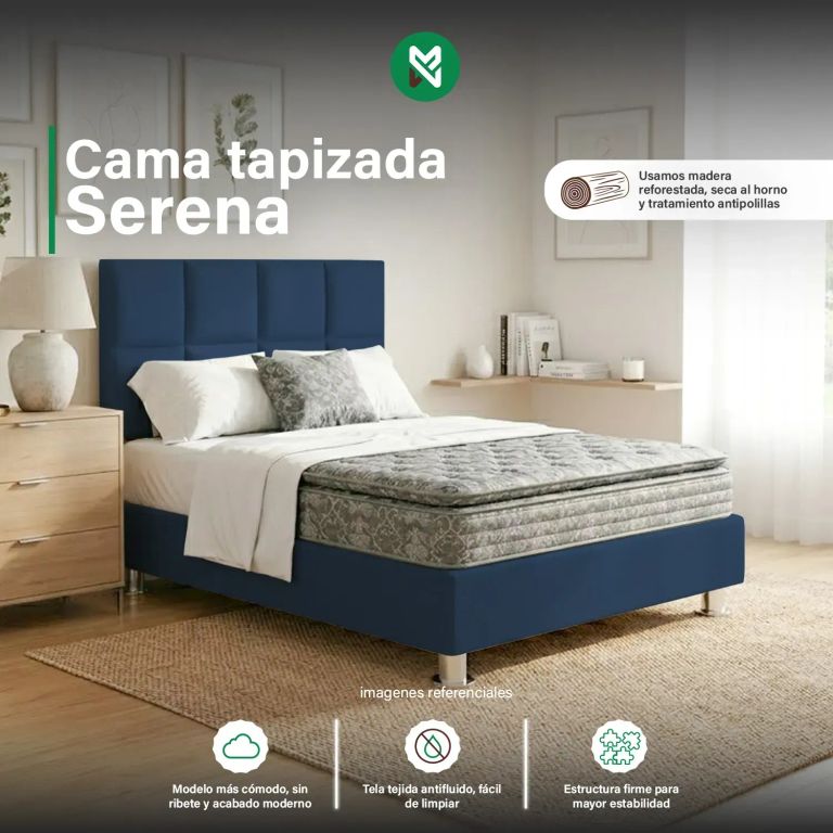 Cama tapizada Serena + almohada - 1.5 Plz - Color Azul