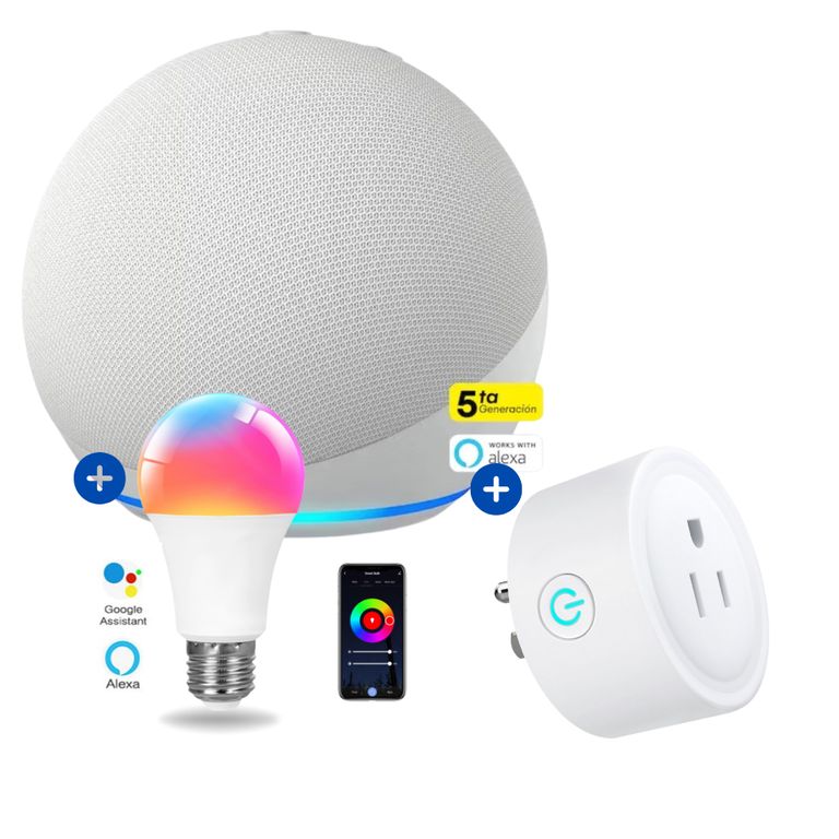 Amazon Echo Dot 5ta Gen Alexa Blanco + foco inteligente + enchufe Smart