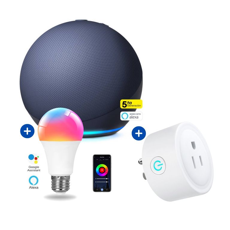 Amazon Echo Dot 5ta Gen Alexa Azul + foco inteligente + enchufe Smart