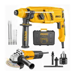 INGCO TOOLS - TALADRO ROTOMARTILLO 800W + AMOLADORA 710W + ADAPTADOR INGCO