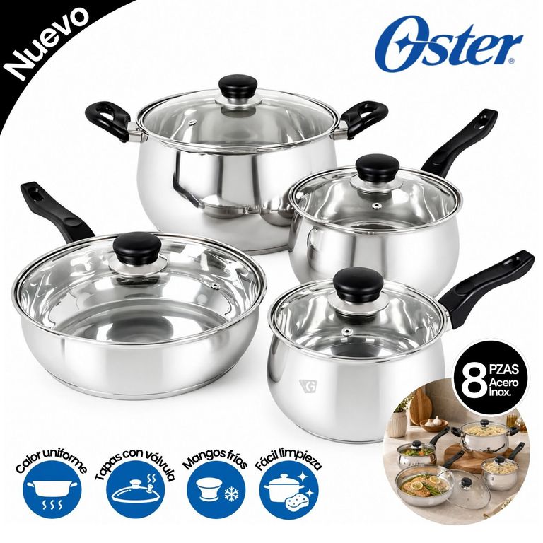 Juego de Ollas Oster Rametto 8 piezas Acero Inoxidable Plateado