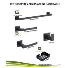 GREEN HOUSE - KIT DE BAÑO EUROPEO NERO 5 PIEZAS ACERO INOXIDABLE