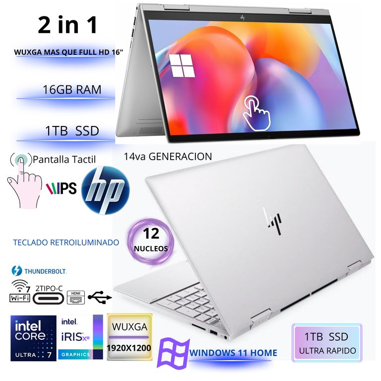 HP Envy x360 Laptop 2 en 1 con pantalla táctil IPS WUXGA de 15.6, Intel Core Ultra 7 , 16GB ,1TB SSD