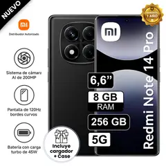 REDMI - Celular Libre Xiaomi Note 14 PRO 5G 6.6" Pulg 256GB 8GB Negro