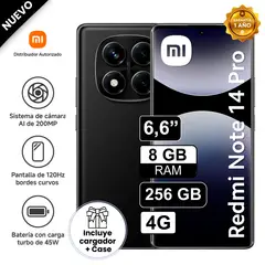 REDMI - Celular Libre Xiaomi Note 14 PRO 4G 6.6" Pulg 256GB 8GB Negro