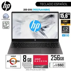 HP - Laptop 255 G10 AMD Athlon Silver 7-120U 8GB RAM 256GB SSD 15.6" HD Free Dos (9E527LA#ABM) - Gris