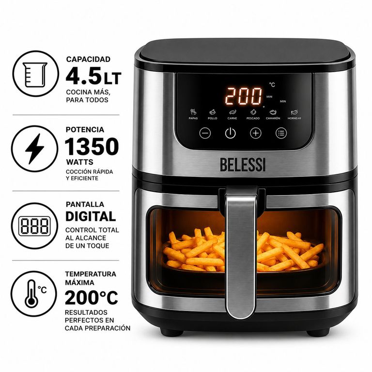 Freidora de Aire Belessi con pantalla digital, capacidad de 4.5LT y ventana de visualización con luz