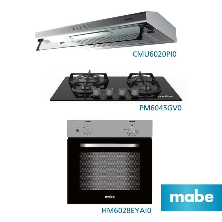 Combo Campana + Encimera 60cm+ Horno Eléctrico Mabe CMU6020PI0PM6045GV0HM6028EYAI0