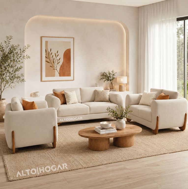 Juego de Sala Amarantha 3 2 1 Tapiz Antifluido Crema