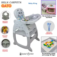 BABY KING - Silla de comer Bebe Carpeta Gato con accesorios Gris