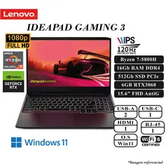 LENOVO - LAPTOP LENOVO IDEAPAD GAMING 3 RYZEN 7-5800H 16GB RAM 512GB SSD 6GB RTX3060 15.6 FHD IPS W11
