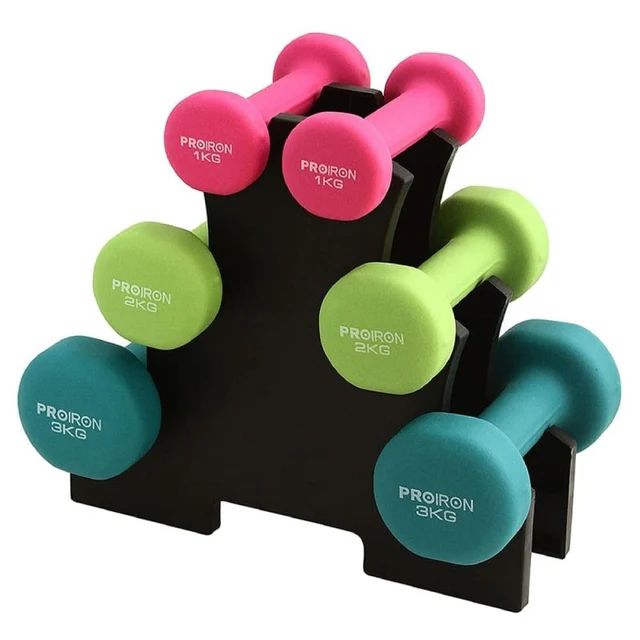 Set de Mancuernas de Neopreno de 1KG 2KG y 3KG + Rack