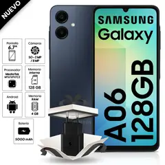 SAMSUNG - Celular Galaxy A06 128GB, 4GB ram, cámara 50MP + 2 MP frontal 8MP 6.7" negro + Cargador 15W