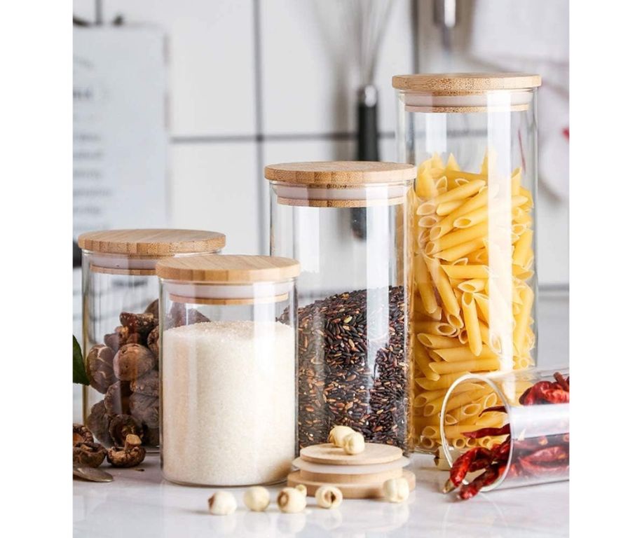 Frasco de almacenamiento en vidrio de borosilicato con tapa de madera