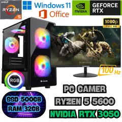 AMD - PC COMPUTADORA GAMER RYZEN 5 5600 RTX 3050 SSD480GB RAM32GB + MONITOR 27" CURVO