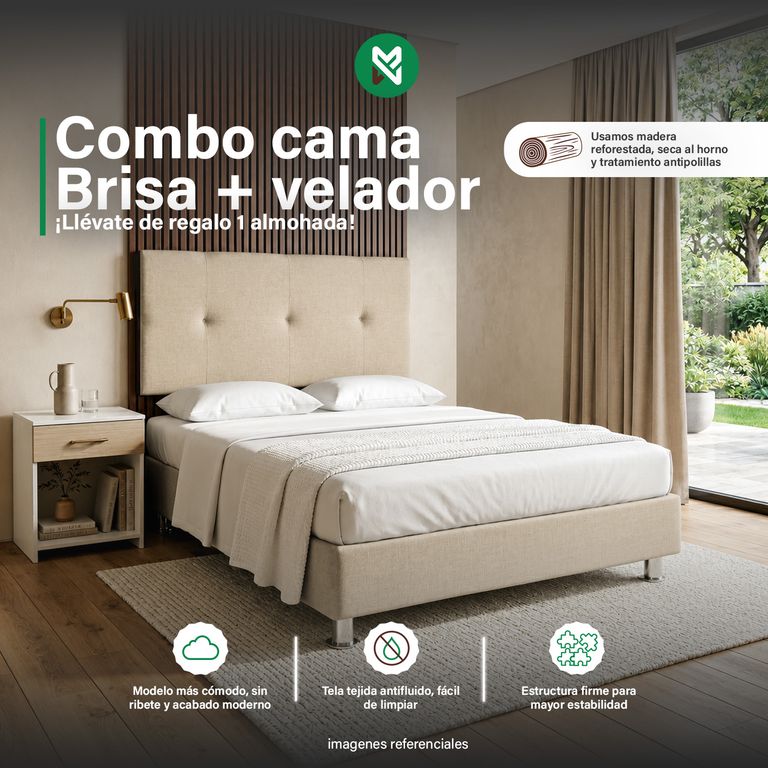 Combo cama brisa tela antifluido 2Plz Beige + velador ted + almohada
