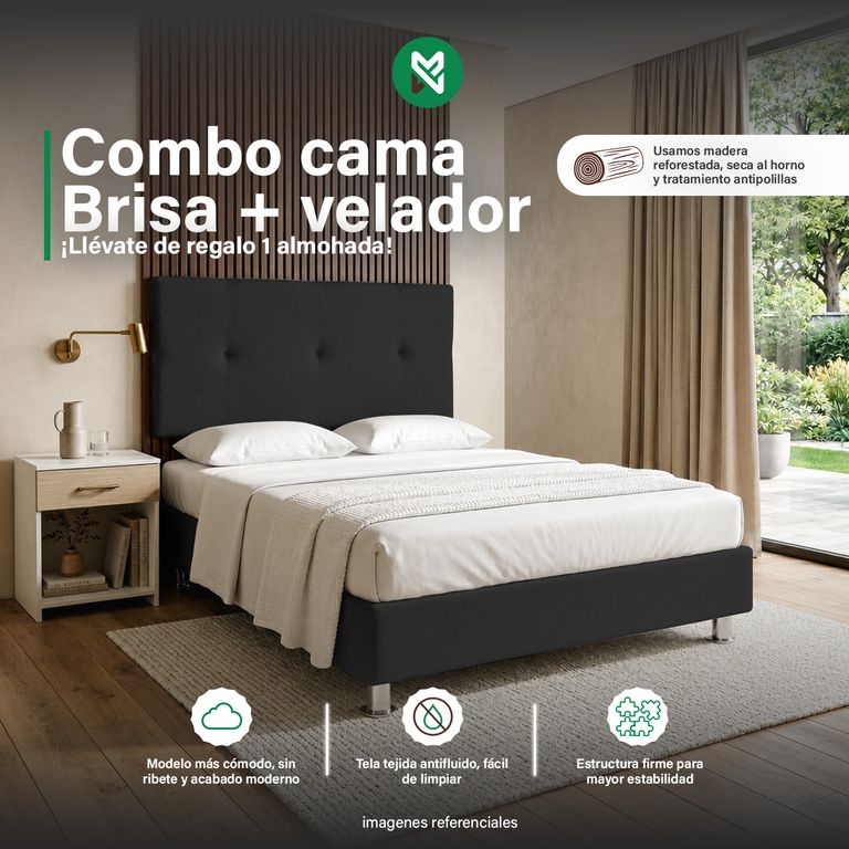 Combo cama brisa tela antifluido 2Plz Negro + velador ted + almohada