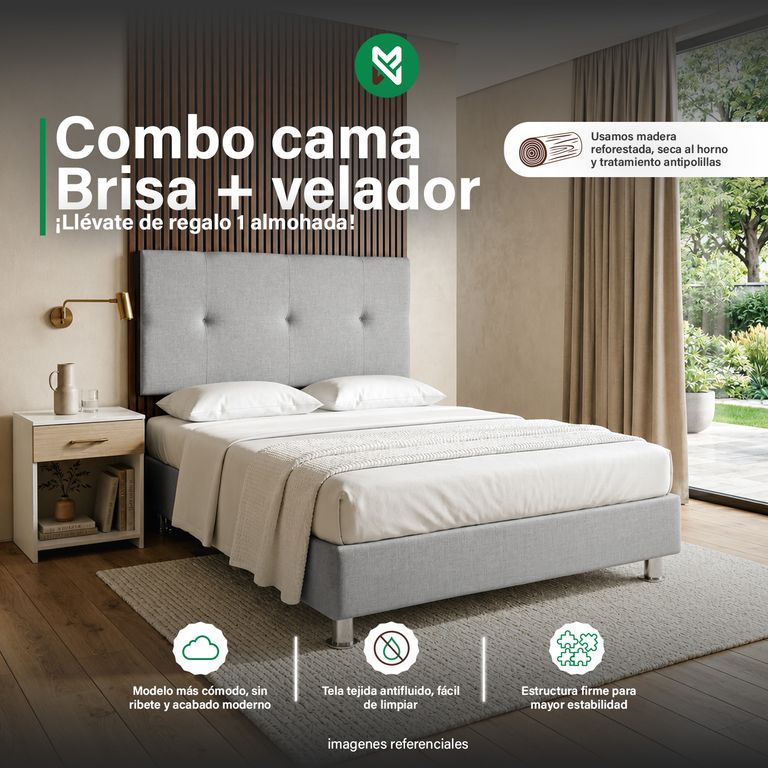 Combo cama brisa antifluido 2Plz Gris Claro + velador ted + almohada