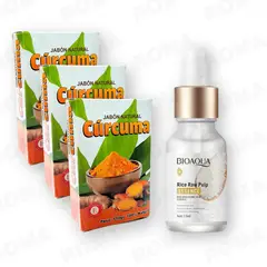 BIOAQUA - PACK 3 JABÓN EN BARRA DE CÚRCUMA 110G + SERUM DE ARROZ CON ÁH 15ML