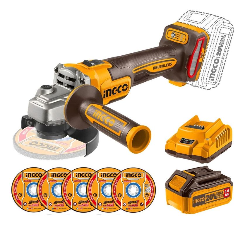 Amoladora inalambrica 900w + bateria 4ah y cargador industrial Ingco