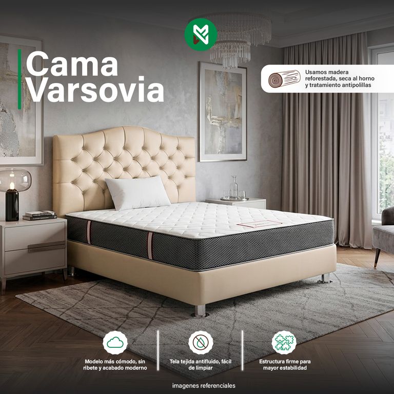 Combo Cama tapizada Varsovia 2Plz Beige + Colchon Semiortopedico